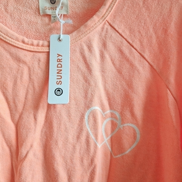 New Sundry Double Heart Crewneck Neon Orange Pullover Sweatshirt NWT 1/Small - Picture 4 of 8